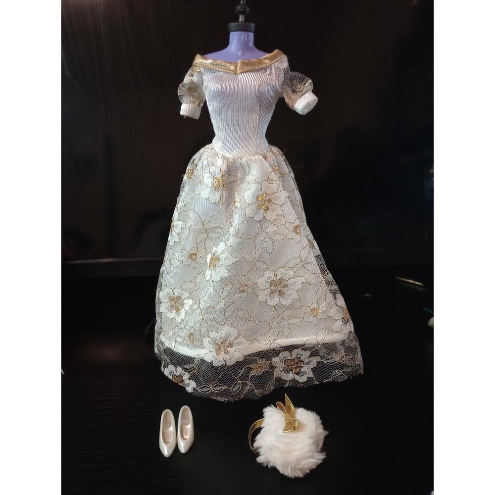 Vintage Barbie Size Ivory Gold Lace Formal Gown Dress Shoes Fur Purse Doll Set